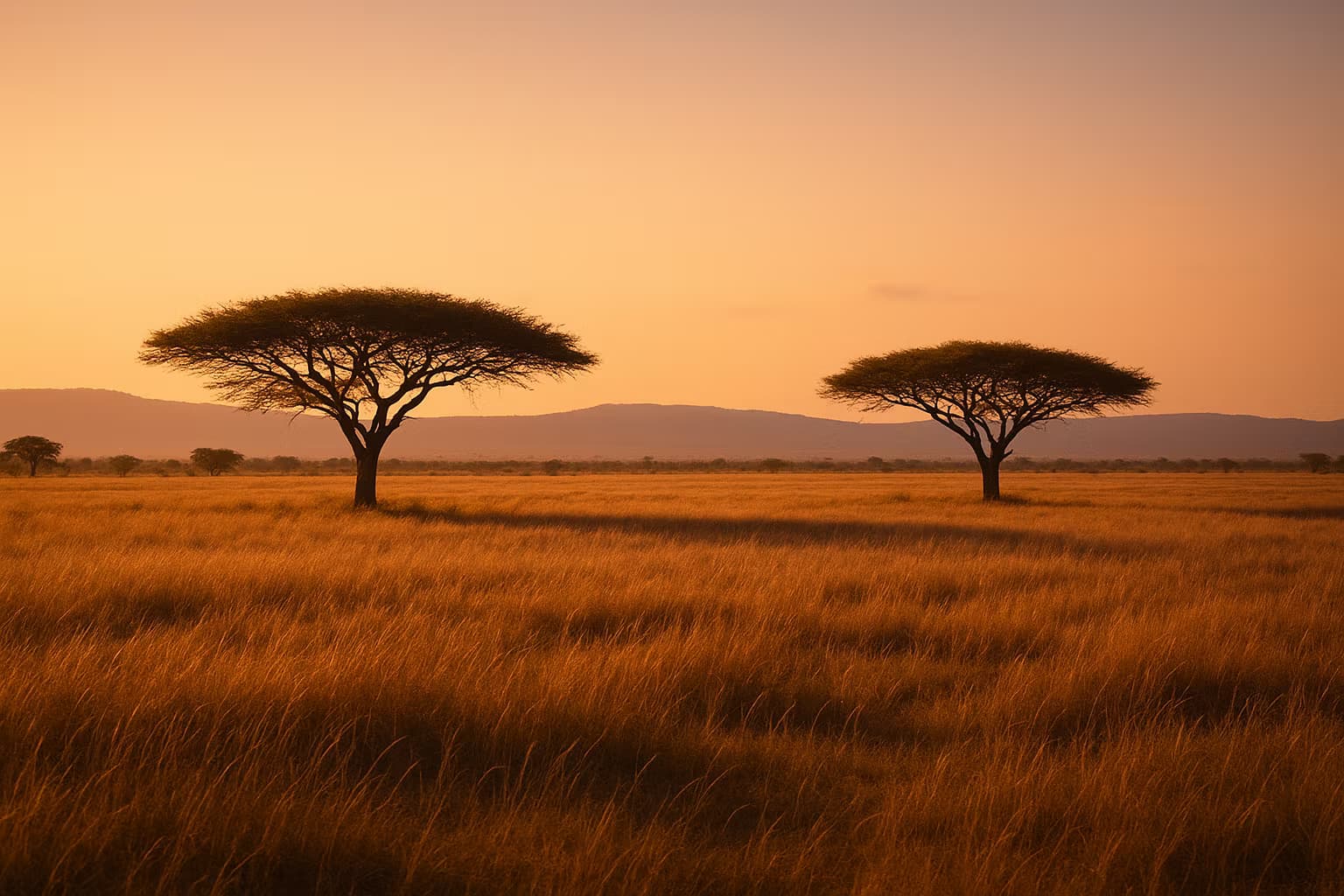 A wide acacia clearing at golden hour in central Benin — the land given to the foundation for the Madengbe and Zaphe clinic.